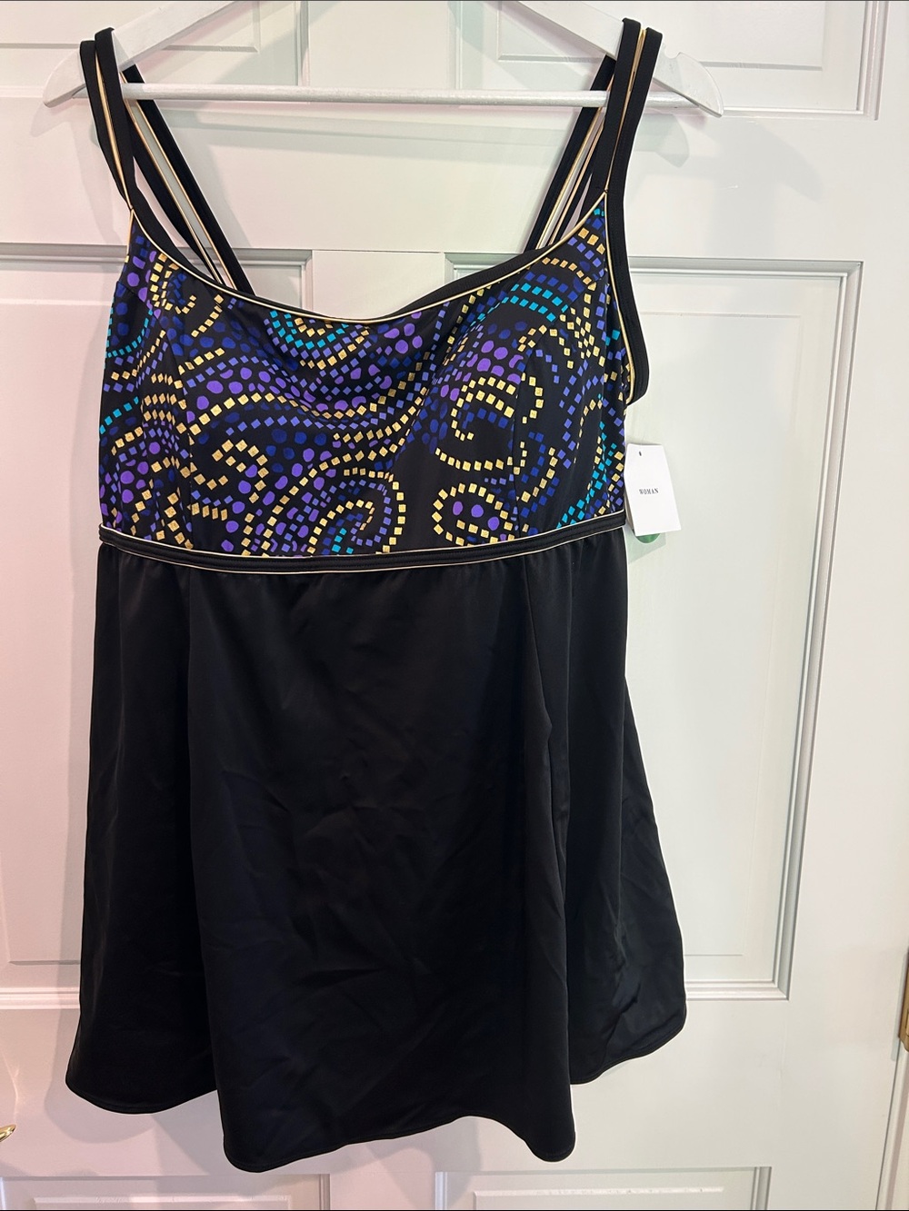 Black Swimdress with Purple, Teal & Gold Dot Swirl